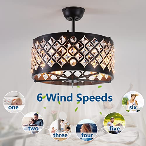 Dalouguan Caged Ceiling Fan With Light, 20" Black Industrial Bladeless Ceiling Fan With Lights And Remote, Luxury Crystal Ceiling Fan For Living Room Bedroom Kitchen #TOP3
