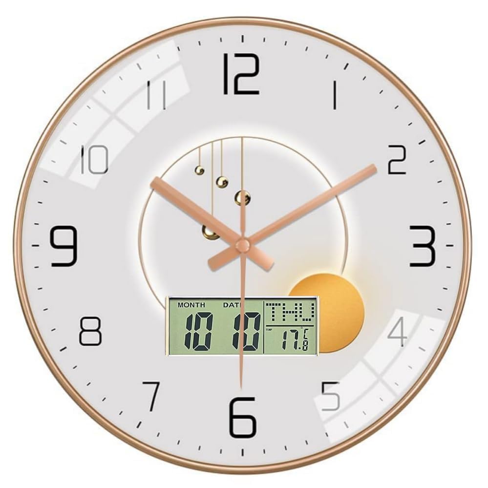 Image of Ash & Roh 12 Inch Silent Quatrz and Non-Ticking Wall Clock with Easy to Read Number and Analog Display Stylish & Decorative Design for Office, Living Room, Bedroom (Pearl Digital)