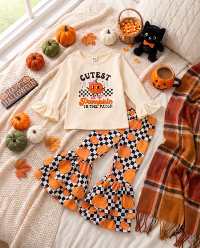 Image of Unique Baby 2 Piece Girls Double Bell Bottom Leggings Outfit with Long Sleeved Shirt Kid and Toddler Clothes Set