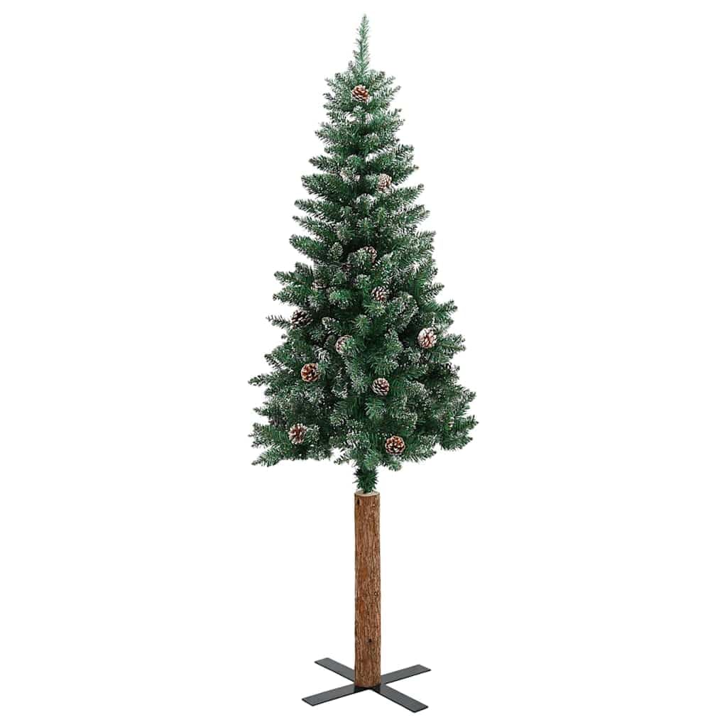 Albero di Natale Artificiale Sottile in PVC e Legno di Pino con 150 LED, Design Salvaspazio con Effetto Neve, Albero di Natale con Luci Incorporate, Christmas Tree, Verde e Bianco, 150 cm