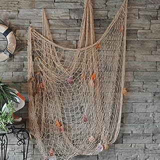 YHUS Fishing Net Wall Decor with Natural Shells Beach Themed Fishing Net, Decorative Fishnet Nautical Fishing Net Wall Hanging Decor, Mediterranean Ocean Pirate Beach Theme Decorations(Beige)