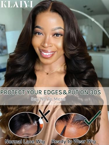Image of KLAIYI Ombre Brown Loose Body Wave 13x4Pre Everything Lace Frontal Chestnut Brown Drawstring Wig with Face Framing Layers Precut Lace Pre Plucked Bleached Bye Bye Knots Ready to Wear and Go Wig 26Inch