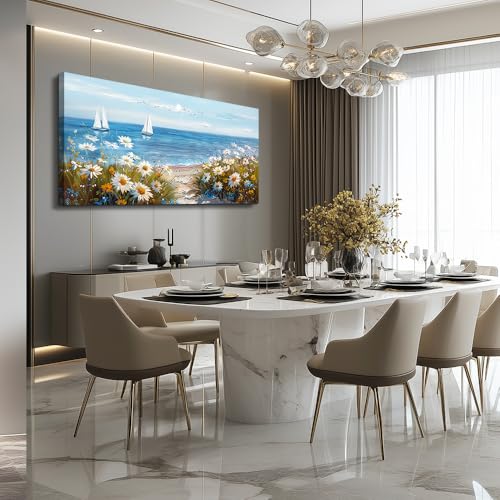 PHAOHUAXM Home Decor Printing Canvas Picture Blue Ocean Landscape Painting Wall Art For Living Room Farmhouse Dinin Mural White Flowers Bedroom Office Wall Decoration Artwork Easy To Hang 20x40 In