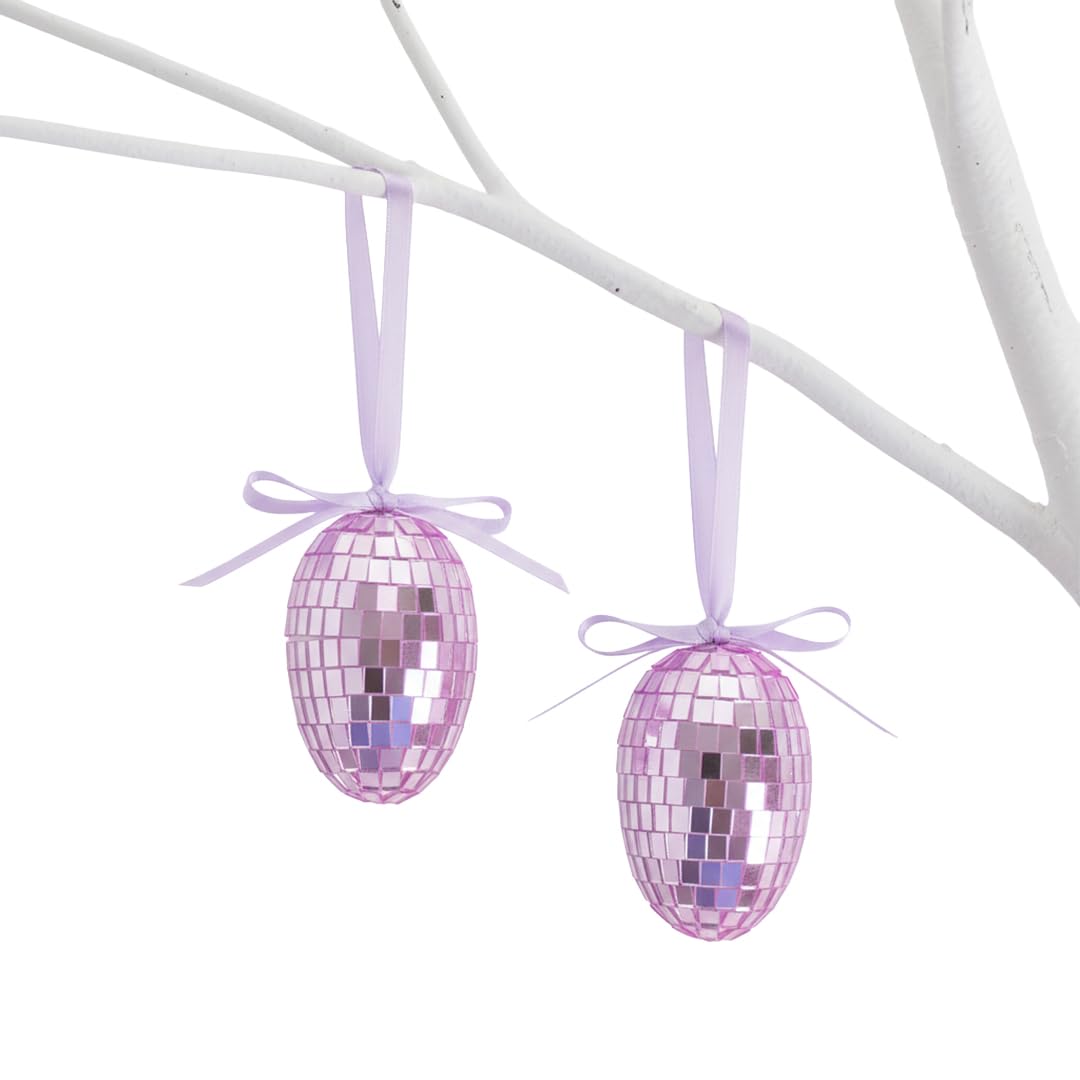 Gem Imports Lilac Disco Easter Eggs Hanging Decorations – Pack of 2 Glitter Mirror Ball Egg Ornaments with Ribbon for Wreaths & Spring Displays