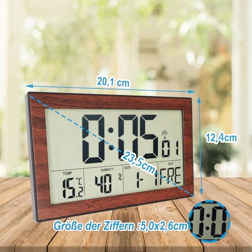 Crosstime Digitale Funkwanduhr mit großer Anzeige – Holzoptik (Nussbaum), DCF77, Datum, Wochentag, Temperatur & Luftfeuchtigkeit, Hintergrundbeleuchtung – lautlos, 12/24h, batteriebetrieben