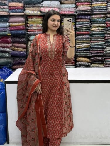 Image of GoSriKi Kurta Sets for Women Viscose Blend Printed | Kurti Set for Woman | Kurta Palazzo Dupatta Set | A Line Kurti | Mandarin Collar 3 /4 Sleeve Suit Set for Women Stylish Ethnic Outfit