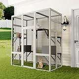 70'' Outdoor Catio, Cat Enclosure Window Access Feral Cats Shelter with Waterproof PC Roof, 5 Platforms and 2 Resting Box Cat Cage for Patio, Backyard