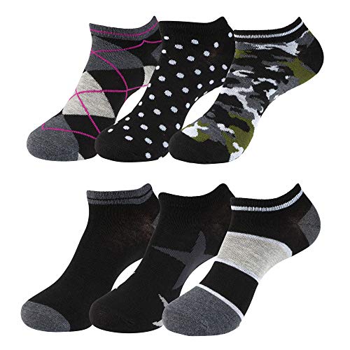 Womens Patterned and Solid Low Cut No Show Ankle Socks, Value Pack of 18, 12 or 6 Pairs, Shoe Size 4  10 (Black Pattern 6 Pack)