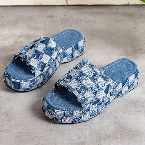 Women's Denim Cloth Heckered Pattern Platform Slides Vintage Thread Edge Open Toe Slip On Comfortable and Non-Slip Slide Boho Sandals2