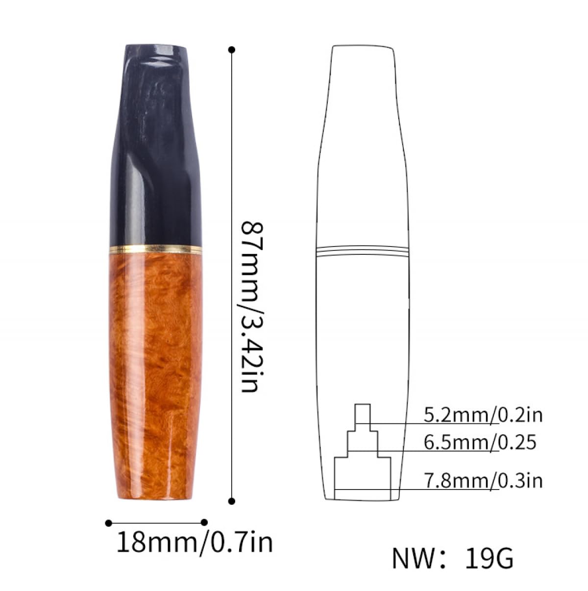 Bocchino per sigarette da uomo - Supporto in radica e corno - 9 mm - Filtro a carboni attivi(B)