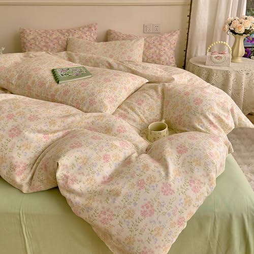 Image of VM VOUGEMARKET Flower Duvet Cover Twin Sage Green Teen Girls Cotton Duvet Cover with Zipper Ties Chic Rust Floral Bedding Set Without Comforter -Green,Twin