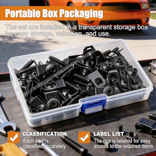 Image of mankk 50PCS M6-1.0 Fender Liner Screw and U-Nut Clips Kit,Body Fasteners,U-Nut Clips & Hex Head Bolts,Automotive Body Clips Fender Bolts for Fender, Engine Cover & Splash Shield