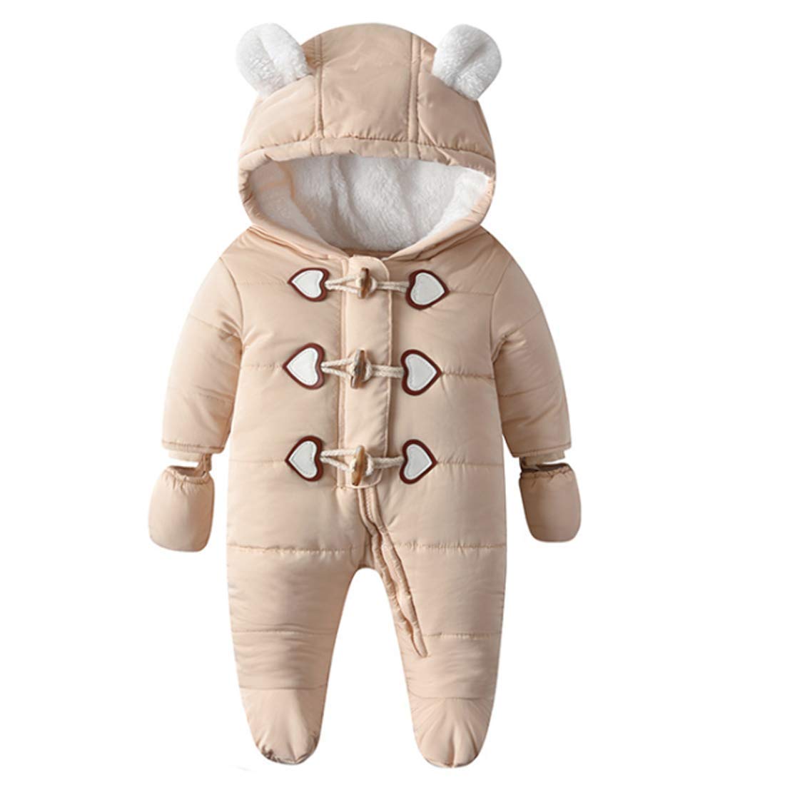DINGDONG'S CLOSET Baby Boy Girl Winter Hooded Ears Puffer Jacket Snowsuit with Gloves(Khaki,12-18M)
