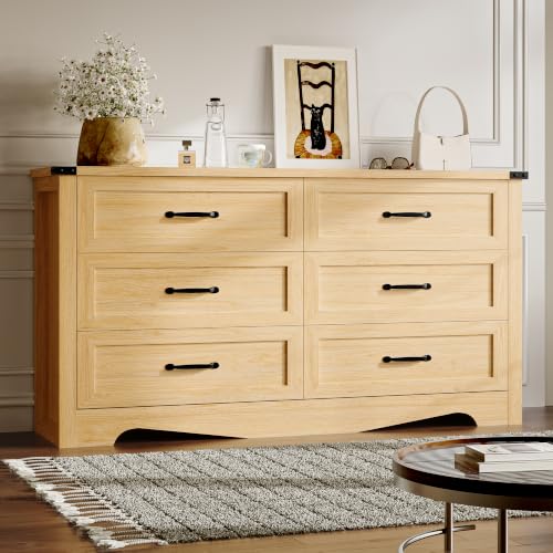 Image of BORNOON 6-Drawer Dresser for Bedroom, Modern Wooden Chest of Drawers with Metal Handles, Anti-Tipping Design, Sturdy and Stable Storage Organizer for Living Room, Entryway, Home Office