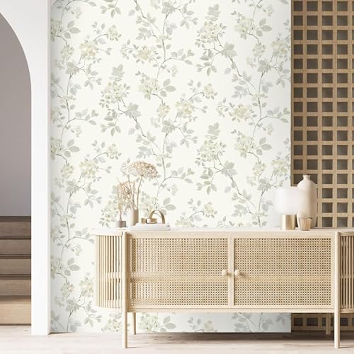 Image of Wallpaper Peel and Stick Vinatge Flowers Leaves Watercolor Elegant Birds Floral Forest Animals Tree Palm Leaf Pattern Design Textured Tropical and Botanical Removable Vinyl 16.5By87INCH