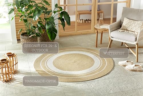 Northrugs Trenzado In- & Outdoor Teppich Rund Wetterfest – Pflegeleicht Handmade-Look für Innen und Außen Gewebter Outdoorteppich Läufer für Balkon, Terrasse, Wohnzimmer, Garten – Creme Beige, ø 200