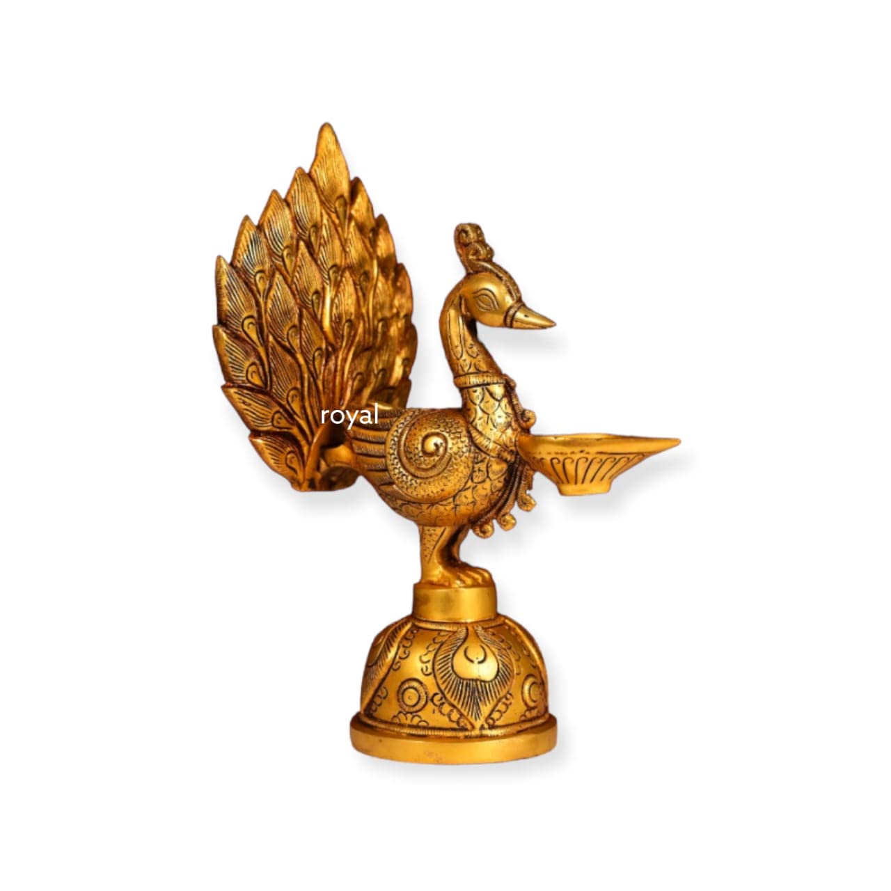 IYI MERCHANT Brass Peacock Diya Stand | Golden Color Peacock Brass Diya Stand for 1 Wick | LxWXH - 20.32 x 16.51 x 31.7 cm, Wt. - 3.5 Kg