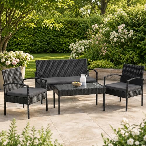 Juskys Meubles de Jardin Trinidad en rotin synthétique avec Table, canapé et 2 chaises – 4 Personnes – Coussins Gris – Ensemble de sièges pour Le...