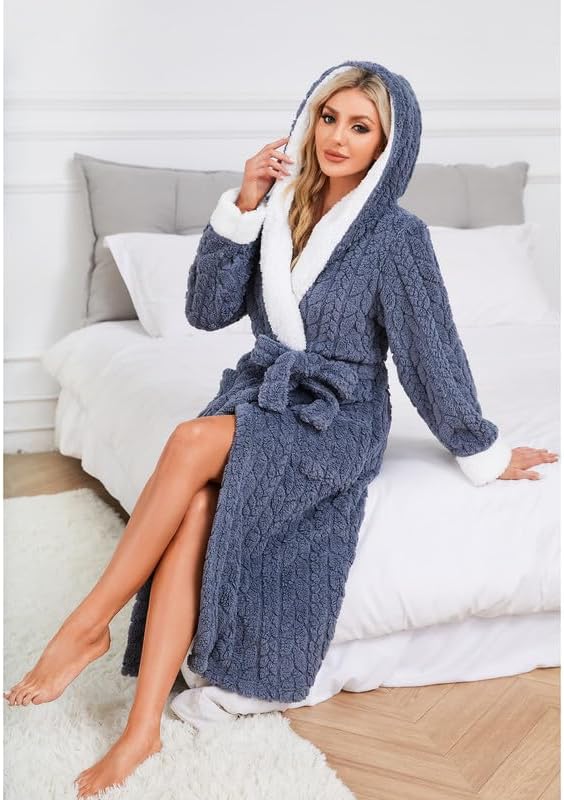 LYCY Womens Plush Hooded Robe, Soft Fluffy Womens Fleece Robe Long Warm Bathrobes for Women - Image 4