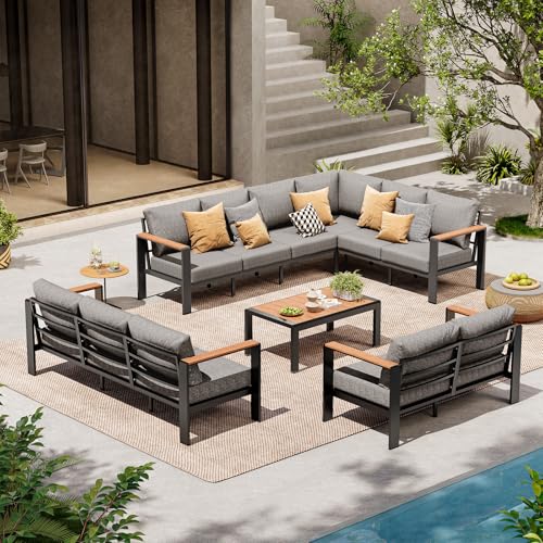 Image of Outdoor Aluminum Patio Furniture Set 11 Seats, Patio Sectional Corner Couch Set with Washable Thick Cushions & Coffee Table, Patio Conversation Sets for Porch, Backyard, Garden, Deck, Gray