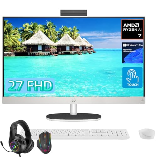 Image of HP 27 inch Touchscreen All in One Desktop Computer, AMD Ryzen AI 7 350, 64 GB DDR5-5600 MT /s, 2 TB SSD, FHD IPS Screen, WiFi 6, BT 5.4, Copilot+ PC, Windows 11 Pro, Wireless KB & Mouse, W /Accessories