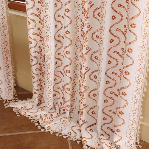 Image of Short Cafe Curtains for Small Window 45 Inch 2 Panels,Beige Floral Terracotta Boho Kitchen Curtain,Mid Century Bedroom Drapes with Tassel Decor,Beige and Rust Orange