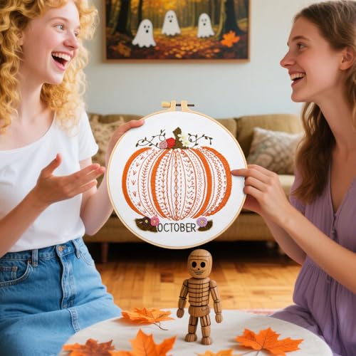 Image of Easy Beginners Embroidery Stitches Practice Kits for Adults, Fall Pumpkin Embroidery Starters Kits for Beginners to Learn 26 Stitches, Autumn Hand Embroidery Set Craft for Women & Video Tutorial