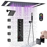 20x14in Matte Black Shower System with Body Jets, Thermostatic Digital Dual Heads Shower Faucet Set with LED Ceiling Rainfall Showerhead and 6in Wall Shower, Jets with Shut-off