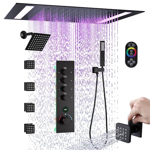 20x14in Matte Black Shower System with Body Jets, Thermostatic Digital Dual Heads Shower Faucet Set with LED Ceiling Rainfall Showerhead and 6in Wall Shower, Jets with Shut-off