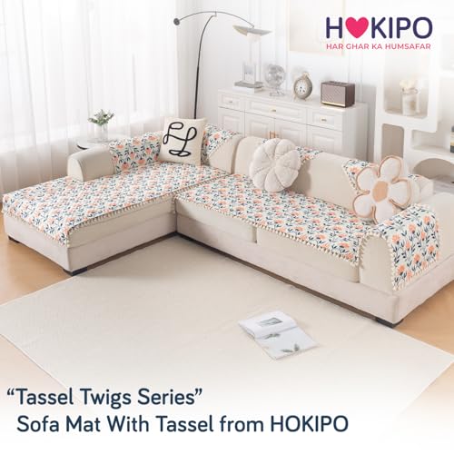 Image of HOKIPO Folk Garden L Shape (3+3 Seater) Sofa Seat Mat with Tassel| Quilted Sofa Cover Mat, 'Tassel Twigs' Series (IN-986-T9*2)