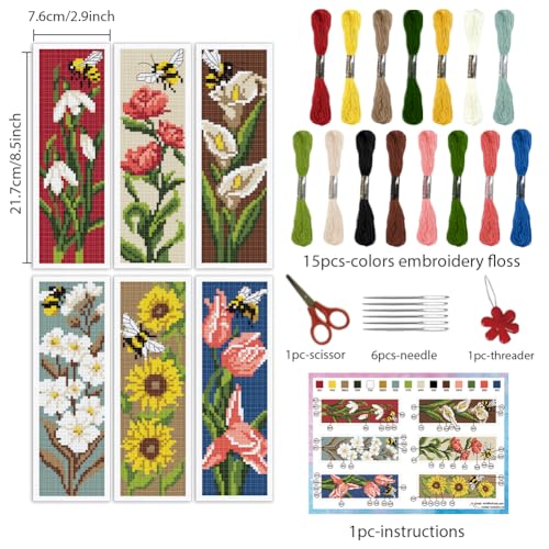 Image of INFUNLY 6pcs DIY Tulips Cross Stitch Bookmark Kits for Adults Beginner 2.99''x8.54'' Calla Stamped Embroidery Bookmark Kit with Instruction Daisy Freesia Embroidery Bookmark Set for Book Lovers