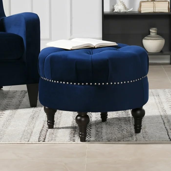 Home Decor | Upholstered Round Velvet Tufted Foot Rest Ottoman | Ottoman with Storage for Living Room & Bedroom | Decorative Home Furniture (Blue)-image-25