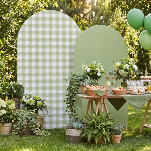 Tegeme Green Gingham Arch Backdrop Cover 7.2ft 6.6ft Stretchy Backdrop Cover for Baby Shower Party Wedding Birthday Party Ceremony Banquet Decor