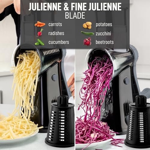 Image of Zulay Kitchen Rotary Cheese Grater 5 Blade Cheese Shredder - Manual Hand Crank Cheese Grater With Reinforced Suction & 5 Interchangeable Drums - Easy to Use, Vegetable Chopper Round Mandoline Slicer