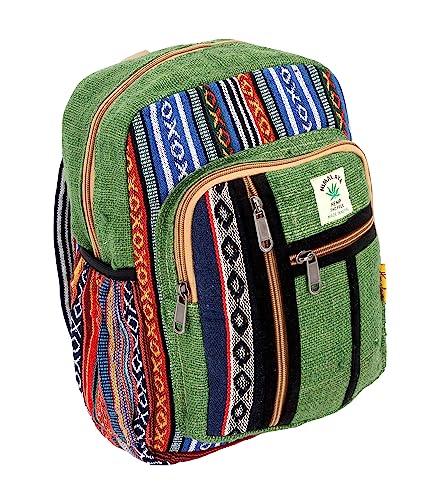 Unique design Multi Zippered Himalaya Hemp Hippie Backpack Festival Backpack FAIR TRADE Handmade with Love. (GREEN)