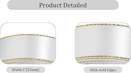 Miniatura 2 de Cintas de satén blanco de 1 pulgada x 25 yardas, cinta de tela con bordes dorados para envolver regalos, manualidades, ramos florales, lazos para el