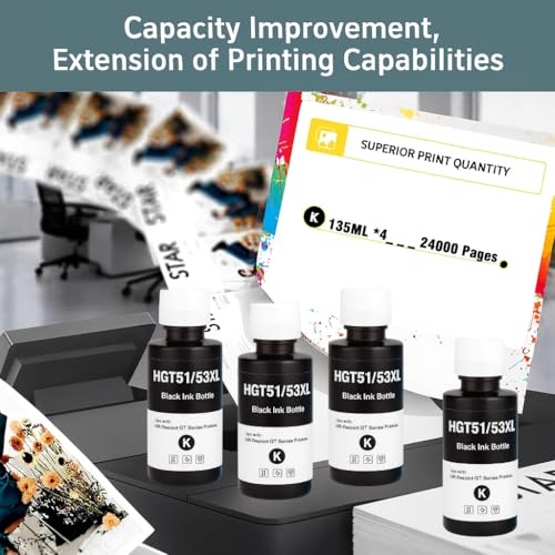 Image of KOSH Refill Ink Bottle Compatible for HP Deskjet 5810,5811,5820,5821,5822, Inktank Wireless 310,315,316,319,410,415,416,419,Smart Tank 115,500,510,515,516,720,750,790 Printers (GT53XL 135MLx 4)