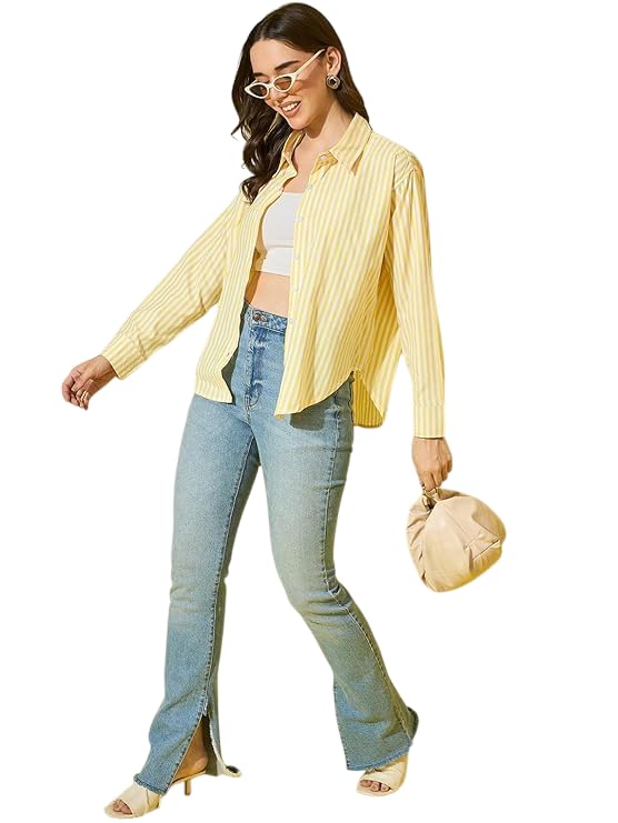 KOLI Womens Striped Cotton Long Sleeve Button Down Shirt – Oversized Casual Collared Shirt Yellow-picture-23