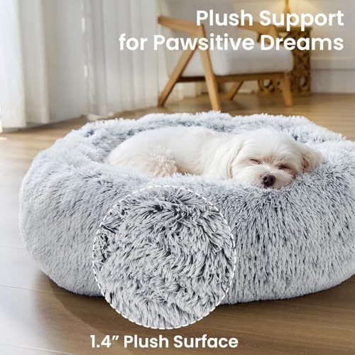 Image of JOLLYVOGUE Small Dog Bed, Calming Dog Beds for Small Dogs & Indoor Cats - 20 Inches Donut Washable Cat Bed for Kittens & Puppies, Round Fluffy Plush Faux Fur Pet Beds(Smoke Grey) (Pack of 2)