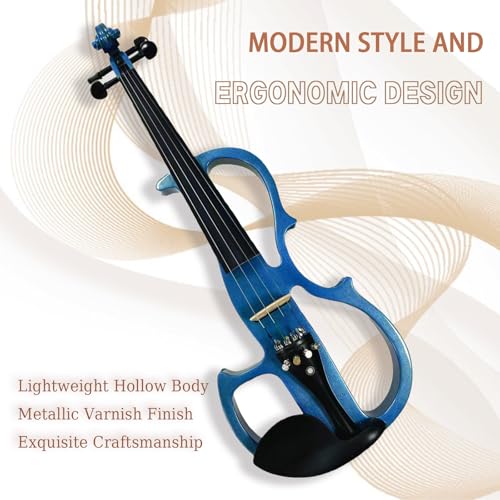 Ceciliec Electric Violin 4/4 Full Size, Silent Violin with Ebony Fittings, Blue Metallic Varnish Violin for Beginners Students (Metallic Blue)
