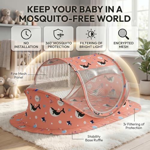 Image of StarAndDaisy Baby Mosquito net with Mattress for Baby, Portable Baby Lounger for Kids, Breathable mesh Mosquito Net. (Shark Print)