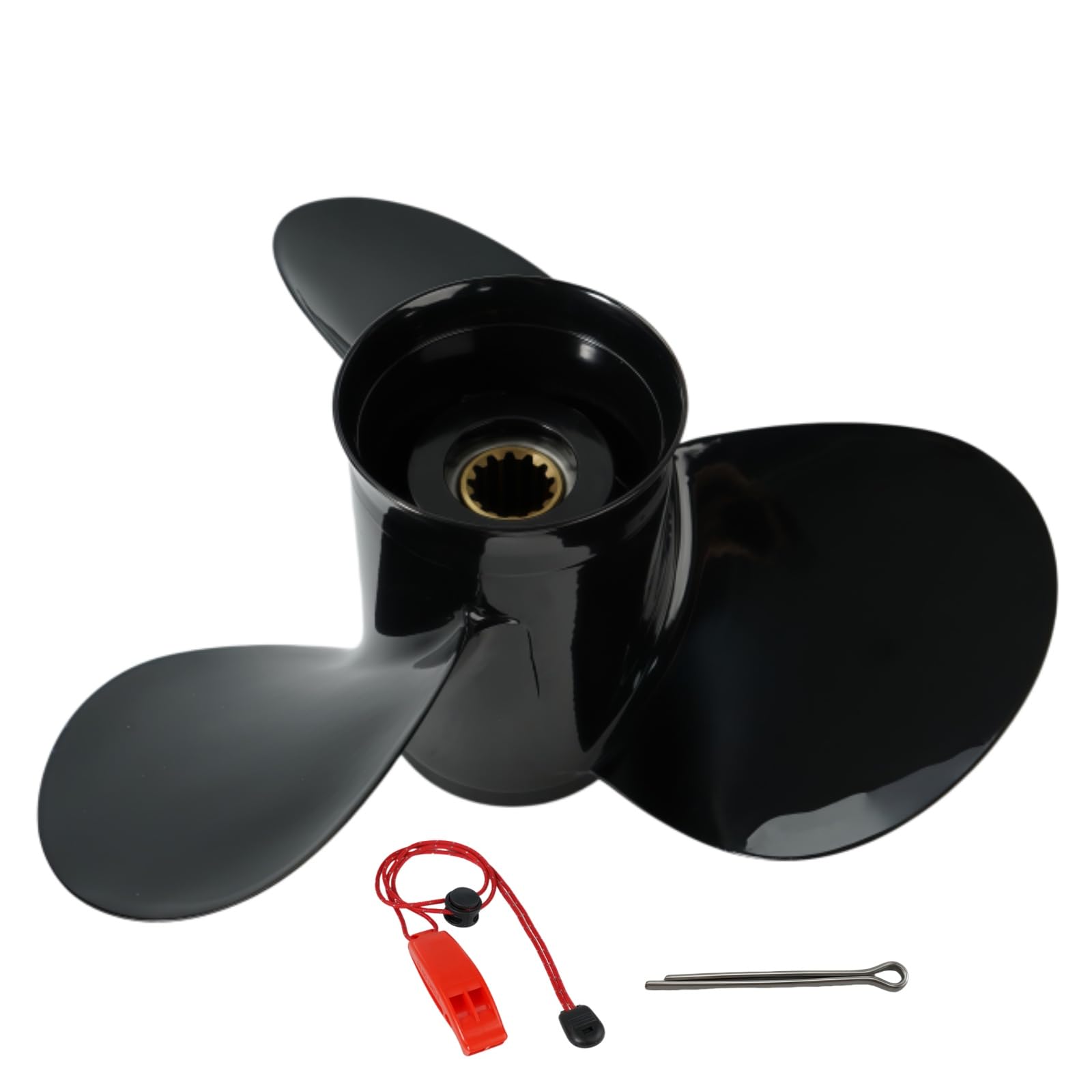 11,6 x 11, 11,4 x 12, 11,1 x 13, 11,1 x 14, 11 x 15 OEM-Upgrade-Aluminium-Außenbord-Propeller für Tohatsu und Nissan 35 PS - 50 PS, 13 Zähne, gepresste Gummi-Nabe, rechts