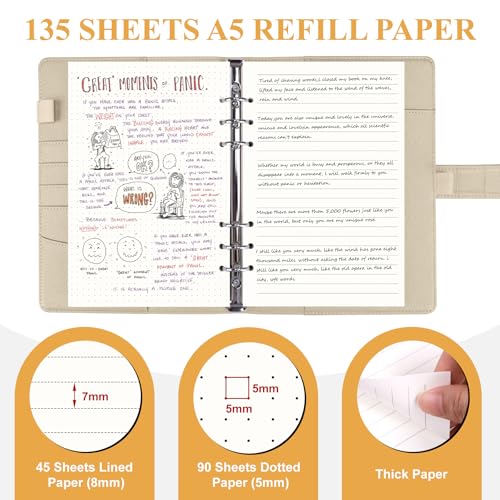 AKONEGE A5 Ringbuch, 6-Ring Ringbuch A5 nachfüllbar, mit 135 Blatt Nachfüllpapier, 3 Bindertaschen, 6 Registerkarten, Haftmarkern, Binder Planer-Organizer für Reisen, Arbeit und Schule, Goldglitter