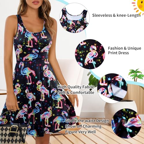 Image of uideazone Women Funny Print Sleeveless U Neck A Line Casual Midi Dress | Soft Stretchy Breathable Fabric Flared Swing Sundress Fitted Waist for Daily Wear 80 /90s Themed Party Beach Vacation Trips