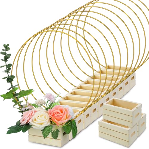 FoldTier 24 Pcs 12 Inches Metal Floral Hoop Centerpiece with Stand for Tables - Includes Gold Wreath Rings and Wooden Stands for DIY Wedding Baby Shower Communion Baptism Birthday Party Decoration