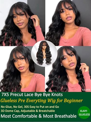 Image of KLAIYI Fluffy Body Wave Curtain Bang Wig Bye Bye Knots Glueless Pre Cut 7x5 Lace Front Wigs Human Hair Loose Wave Pre Bleached Pre Plucked Pre Everything 3S Easy to Wear and Go Wig 180% Density 24Inch