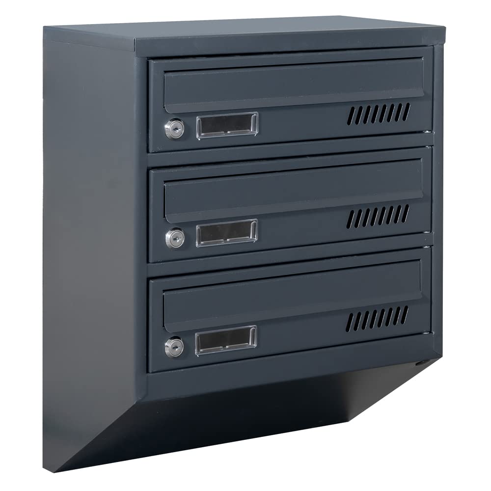 3 buzones de Correos para condominios GDS RAL 7016 20cm Profundidad | Buzones colectivos, para interiores, compatibles con formato A4, acero galvanizado, dos llaves incluidas, montaje en pared.