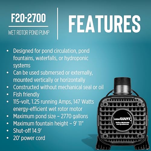 Image of Little Giant F20-2700 115-Volt, 2770 GPH Wet Rotor Pump with 20-Ft. Cord for ponds up to 2700 Gallons, Black, 566725