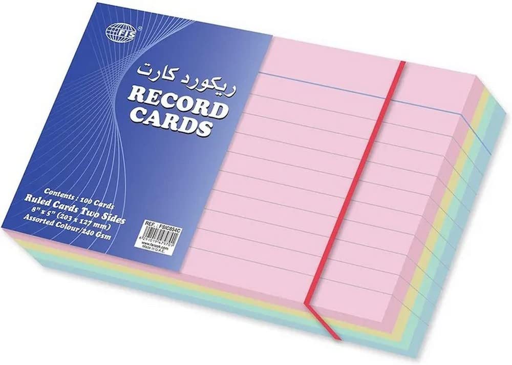 FIS FSIC854C 240 GSM Ruled Colored Record Card 100-Pieces Set, 8-Inch x 5-Inch Size, Assorted