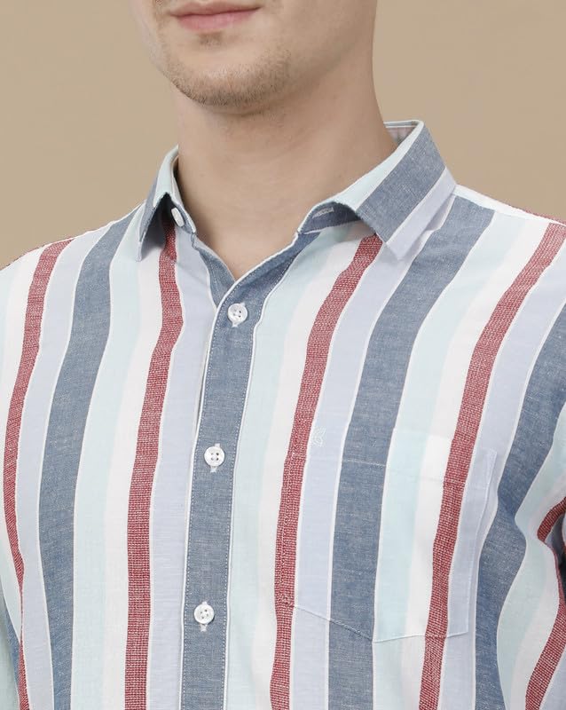 Image of Cavallo by Linen Club Men's Blended Linen Striped Contemporary Fit Full Sleeve Casual Shirt
